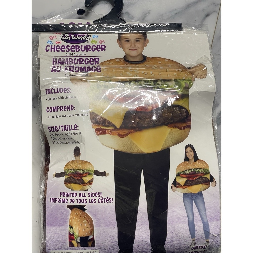 Cheeseburger Costume Child One Size Fits Upto 14 Tunic Printed On All Side NWT